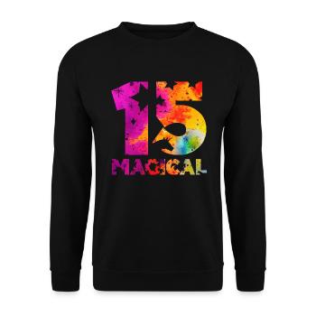 MAGICAL 15. GEBURTSTAG EINHORN - Unisex Pullover - Schwarz - Vorne - Alina (178cm) & Michal (187cm)
