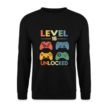 Level 16 Freigeschaltet 16. Videospieler Geburtstagskind - Unisex Pullover - Schwarz - Vorne - Alina (178cm) & Michal (187cm)