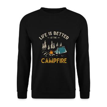 Das Leben ist besser am Lagerfeuer Funny Camper Camp - Unisex Pullover - Schwarz - Vorne - Alina (178cm) & Michal (187cm)