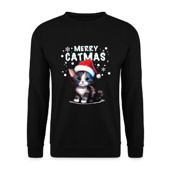Niedliche Katze im Schnee feiert Weihnachten - Unisex Pullover - Schwarz - Vorne - Alina (178cm) & Michal (187cm)