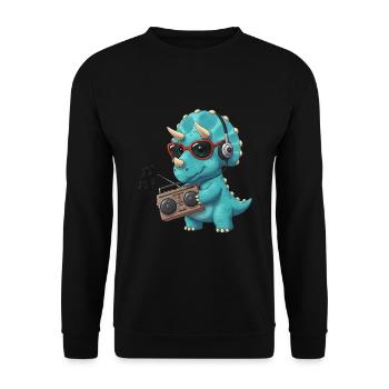 Dino Cartoon Triceratops der Musik hört - Unisex Pullover - Schwarz - Vorne - Alina (178cm) & Michal (187cm)