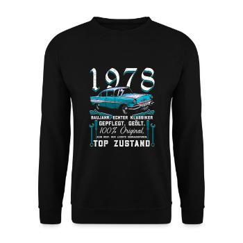 Oldtimer Baujahr 1978 Geboren Jahrgang Geburtstag - Unisex Pullover - Schwarz - Vorne - Alina (178cm) & Michal (187cm)