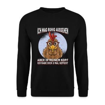 Lustiger Huhn Spruch für Hühnerhalter Geschenk - Unisex Pullover - Schwarz - Vorne - Alina (178cm) & Michal (187cm)
