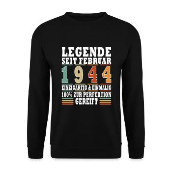 Geburtstagsgeschenk Februar 1944 Jahrgang 80 Jahre - Unisex Pullover - Schwarz - Vorne - Alina (178cm) & Michal (187cm)