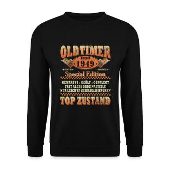 Oldtimer Baujahr 1949 Jahrgang Geburtstag Geschenk - Unisex Pullover - Schwarz - Vorne - Alina (178cm) & Michal (187cm)