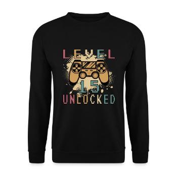 15th Birthday Gift Level 15 Unlocked - Unisex Sweatshirt - black - Front - Alina (178cm) & Michal (187cm)