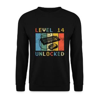 LEVEL 14 FREIGESCHALTET 14. GEBURTSTAG GAMER - Unisex Pullover - Schwarz - Vorne - Alina (178cm) & Michal (187cm)