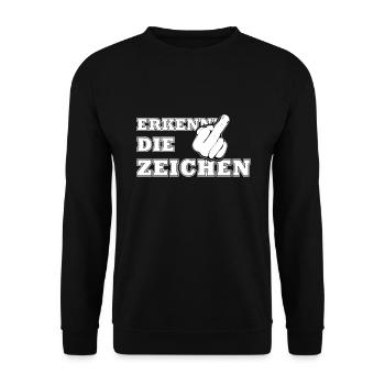 Erkenne die Zeichen Damen Mittelfinger - Unisex Pullover - Schwarz - Vorne - Alina (178cm) & Michal (187cm)