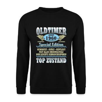 Oldtimer Januar 1960 Geboren Jahrgang Geburtstag - Unisex Pullover - Schwarz - Vorne - Alina (178cm) & Michal (187cm)