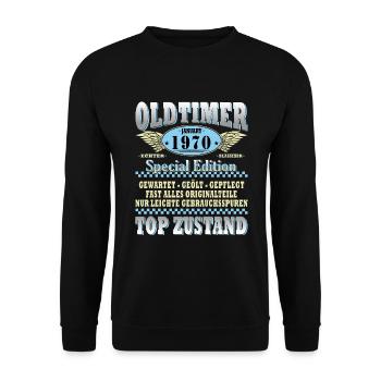 Oldtimer Januar 1970 Geboren Jahrgang Geburtstag - Unisex Pullover - Schwarz - Vorne - Alina (178cm) & Michal (187cm)
