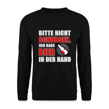 Bitte nicht schubsen Ich habe Bier in der Hand - Unisex Pullover - Schwarz - Vorne - Alina (178cm) & Michal (187cm)