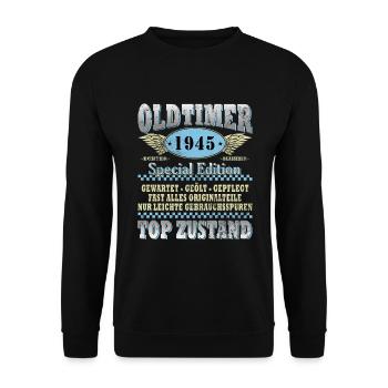 80. Geburtstag Oldtimer Jahrgang 1945 80 Jahre - Unisex Pullover - Schwarz - Vorne - Alina (178cm) & Michal (187cm)