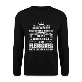 Seine Majestät der Fleischer betritt den Raum - Unisex Pullover - Schwarz - Vorne - Alina (178cm) & Michal (187cm)