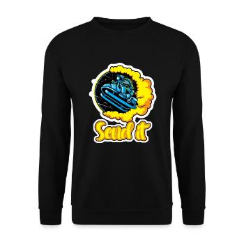 Schneemobil Astronaut fliegt über die - Unisex Pullover - Schwarz - Vorne - Alina (178cm) & Michal (187cm)