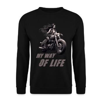 Motorradfahrerin My Way Of Life - Unisex Pullover - Schwarz - Vorne - Alina (178cm) & Michal (187cm)