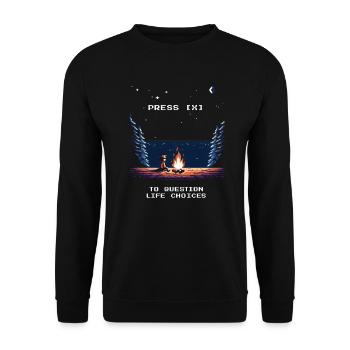 Press [X] To Question Life Choices Spruch - Unisex Pullover - Schwarz - Vorne - Alina (178cm) & Michal (187cm)