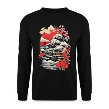 Japanische Vintage Landschaft Kunst - Unisex Pullover - Schwarz - Vorne - Alina (178cm) & Michal (187cm)