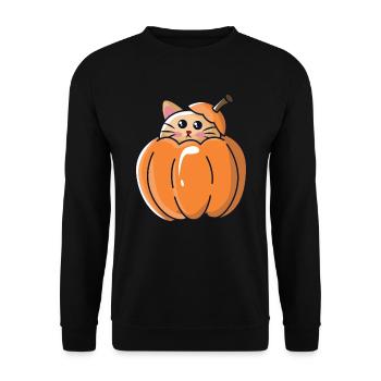 Katze im Kürbis für Halloween - Unisex Pullover - Schwarz - Vorne - Alina (178cm) & Michal (187cm)