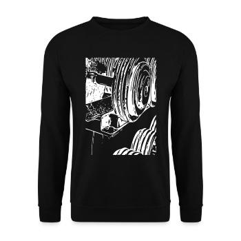 Druckmaschinen-Linienkunst - Unisex Pullover - Schwarz - Vorne - Alina (178cm) & Michal (187cm)