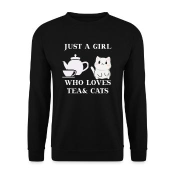 Girl who loves tea and cats Geschenkidee Katze Tee - Unisex Pullover - Schwarz - Vorne - Alina (178cm) & Michal (187cm)