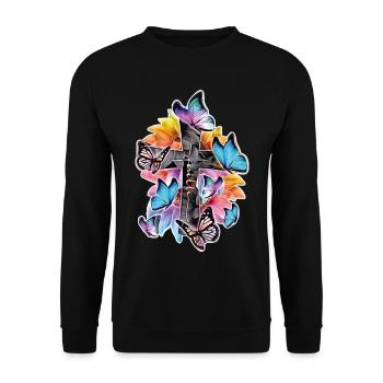 Faith and Hope – Cross with Butterflies - Unisex Sweatshirt - black - Front - Alina (178cm) & Michal (187cm)