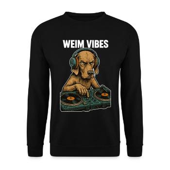 Weimaraner DJ: Retro Musik Design – Weim Vibes - Unisex Pullover - Schwarz - Vorne - Alina (178cm) & Michal (187cm)