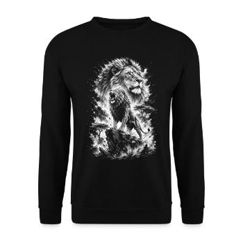 Majestätischer Löwe in Natur im Zeichenstil - Unisex Pullover - Schwarz - Vorne - Alina (178cm) & Michal (187cm)