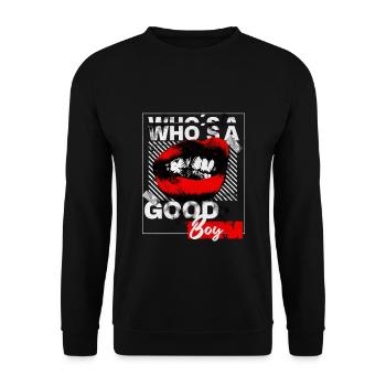Good Boy Spruch mit roten Lippen im Grunge Style - Unisex Pullover - Schwarz - Vorne - Alina (178cm) & Michal (187cm)