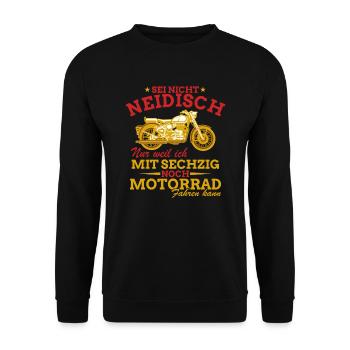 Motorrad Shirt • Neidisch Motorradfahrer Geschenk - Unisex Pullover - Schwarz - Vorne - Alina (178cm) & Michal (187cm)