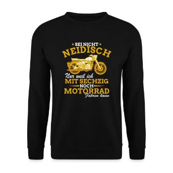 Motorrad Shirt • Neidisch Motorradfahrer Geschenk - Unisex Pullover - Schwarz - Vorne - Alina (178cm) & Michal (187cm)