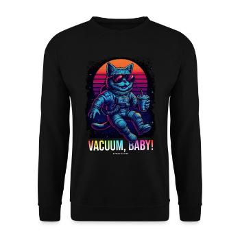 Retro Space Shirt "Vaccum, Baby!" – Synthwave Katz - Unisex Pullover - Schwarz - Vorne - Alina (178cm) & Michal (187cm)