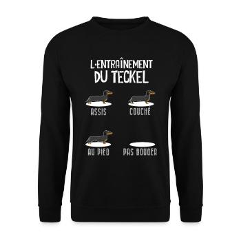 L'Entrainement Du Teckel Humour Petit Chien Mignon - Sweat-shirt Unisexe - noir - Devant - Alina (178cm) & Michal (187cm)