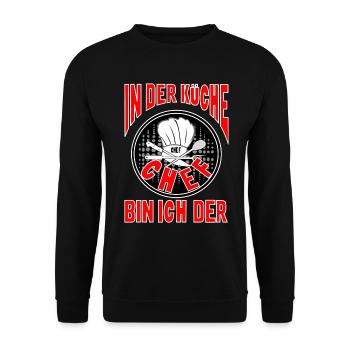 In der Küche bin ich der Chef - Spruch - Unisex Pullover - Schwarz - Vorne - Alina (178cm) & Michal (187cm)