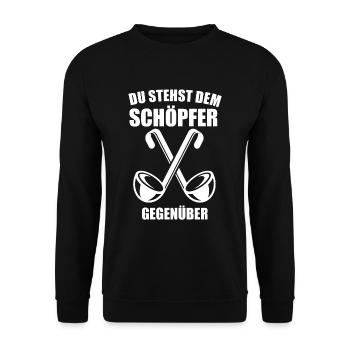 Du stehst den Schöpfer gegenüber Koch Köche Kochen - Unisex Pullover - Schwarz - Vorne - Alina (178cm) & Michal (187cm)