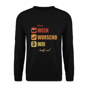 Woi Weck Worschd Pfalz Schorle Riesling Mundart - Unisex Pullover - Schwarz - Vorne - Alina (178cm) & Michal (187cm)