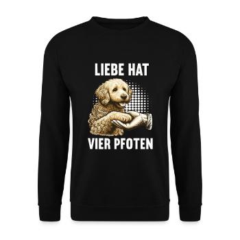 Liebe hat Vier Pfoten Doodle Goldendoodle Hund - Unisex Pullover - Schwarz - Vorne - Alina (178cm) & Michal (187cm)