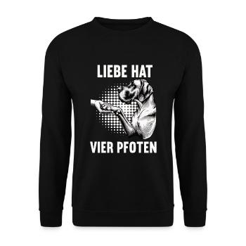 Liebe hat Vier Pfoten Deutsche Dogge Doggenhalter - Unisex Pullover - Schwarz - Vorne - Alina (178cm) & Michal (187cm)