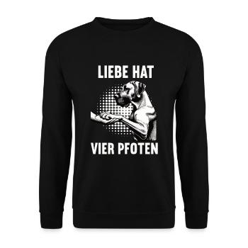 Liebe hat Vier Pfoten Deutsche Dogge Doggen - Unisex Pullover - Schwarz - Vorne - Alina (178cm) & Michal (187cm)