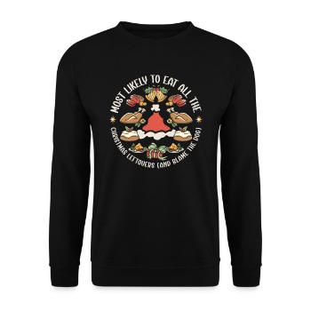 Weihnachten Lustiger Spruch Xmas Essen - Unisex Pullover - Schwarz - Vorne - Alina (178cm) & Michal (187cm)