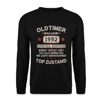 Oldtimer Baujahr 1992 Jahrgang Geburtstag Geschenk - Unisex Pullover - Schwarz - Vorne - Alina (178cm) & Michal (187cm)