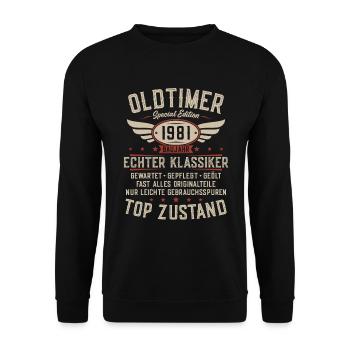 Oldtimer Baujahr 1981 Jahrgang Geburtstag Geschenk - Unisex Pullover - Schwarz - Vorne - Alina (178cm) & Michal (187cm)
