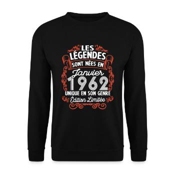 Vintage Flourish Cadeau Anniversaire Janvier 1962 - Sweat-shirt Unisexe - noir - Devant - Alina (178cm) & Michal (187cm)