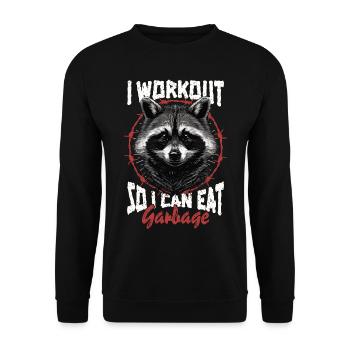 Ich trainiere, damit ich Müll essen kann, lustiger Waschbär - Unisex Pullover - Schwarz - Vorne - Alina (178cm) & Michal (187cm)