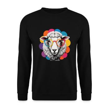 Schaf cool flauschig mit Brille bunter Hintergrund - Unisex Pullover - Schwarz - Vorne - Alina (178cm) & Michal (187cm)