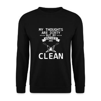 Schmutzige Gedanken Sauber Messer Messersammler - Unisex Pullover - Schwarz - Vorne - Alina (178cm) & Michal (187cm)