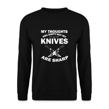 Schmutzige Gedanken Sauber Messer Messersammler - Unisex Pullover - Schwarz - Vorne - Alina (178cm) & Michal (187cm)