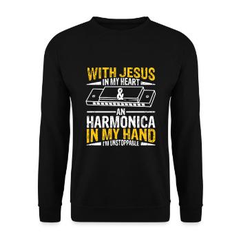 Mundharmonika Spieler und Mundharmonika - Unisex Pullover - Schwarz - Vorne - Alina (178cm) & Michal (187cm)