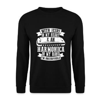 Harmonikaspieler für Munharmonika Spieler - Unisex Pullover - Schwarz - Vorne - Alina (178cm) & Michal (187cm)
