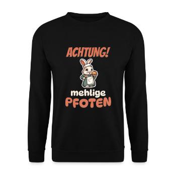 Achtung! Mehlige Pfoten - Kaninchen backen - Unisex Pullover - Schwarz - Vorne - Alina (178cm) & Michal (187cm)
