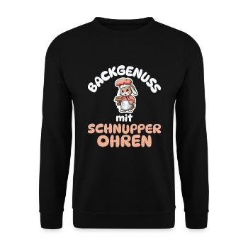 Backgenuss mit Schnupperohren - Kaninchen backen - Unisex Pullover - Schwarz - Vorne - Alina (178cm) & Michal (187cm)